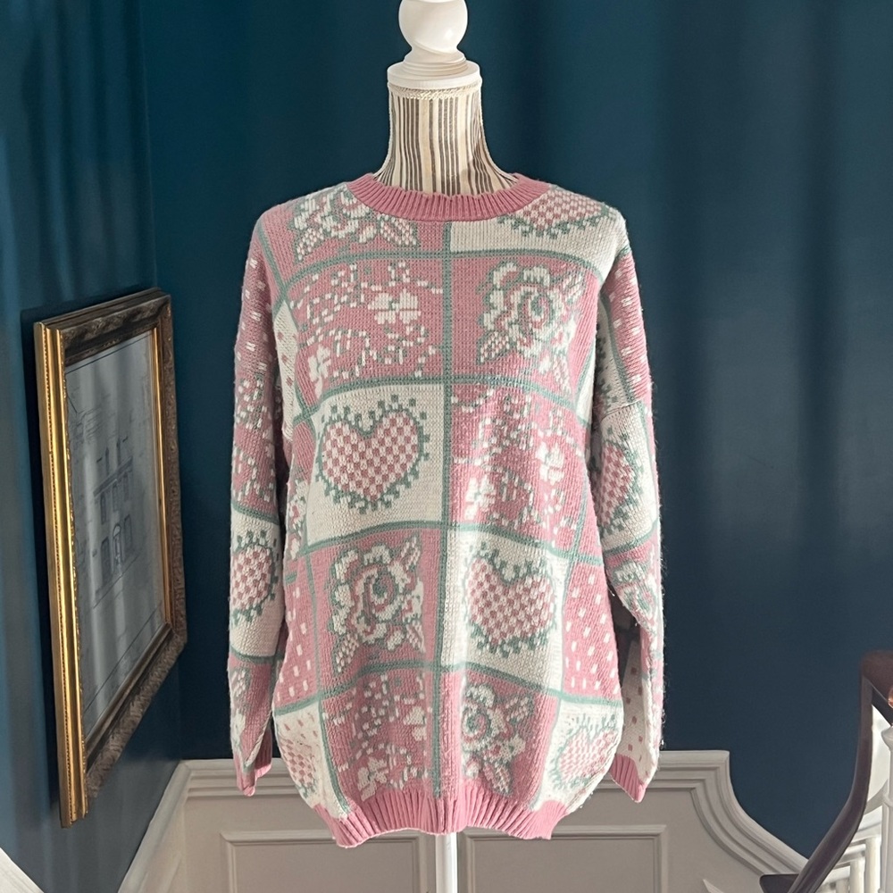 Vintage Adele USA 20w pink heart cottagecore women’s sweater pullover S405